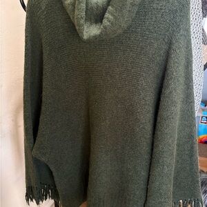 Denim&Co Olive Hooded Knit Poncho with Fringe Trim